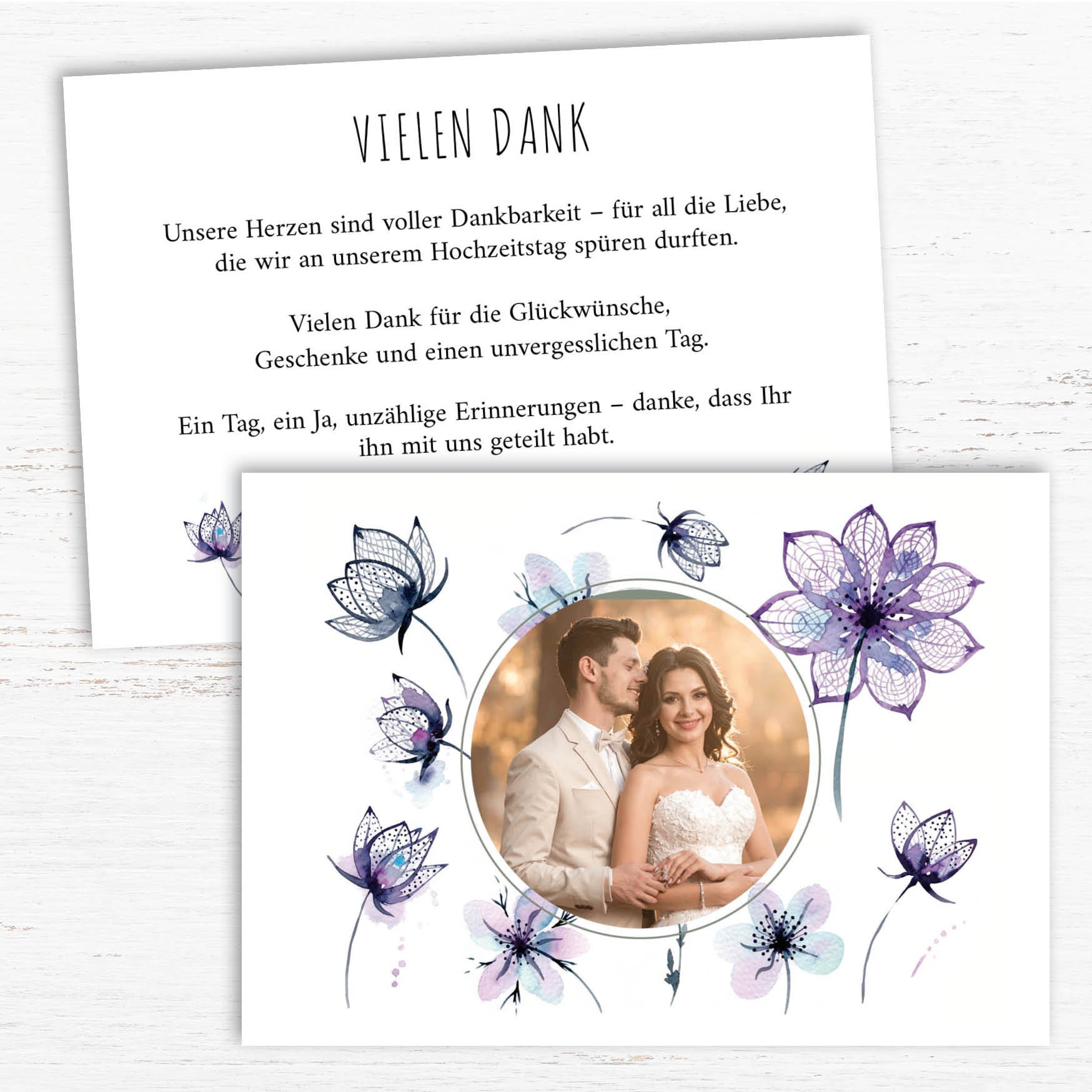 Danksagungskarten zur Hochzeit: Floral modern mit Foto